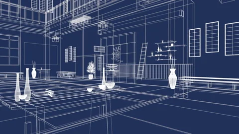 Blue Print Wire Frame Transitions to Full Rendering of a Japanese Dojo Video stock 147310861