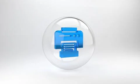 Blue Printer icon isolated on grey background. Glass circle button. 3D render Illustrazione stock