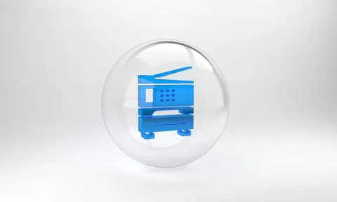 Blue Printer icon isolated on grey background. Glass circle button. 3D render イラスト素材