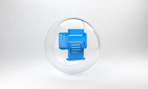 Blue Printer icon isolated on grey background. Glass circle button. 3D render イラスト素材
