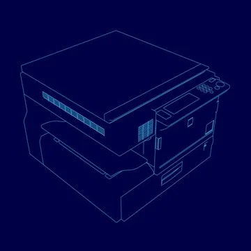 Blue printer with a keyboard. The printer is a HP brand. The printer is a Stockillustratie