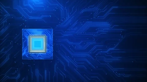 Blue processor circuit board glowing chip, electronic line paths, digital nodes, Stock Footage 340456848