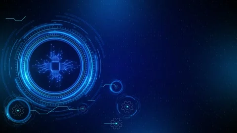 Blue processor HUD interface with glowing chip icon, circular rings, gear Stock Footage 333972474