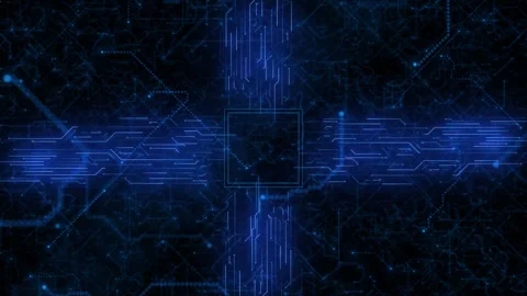 Blue processor network circuit visual central chip outline, glowing data routes, Stock Footage 340526064
