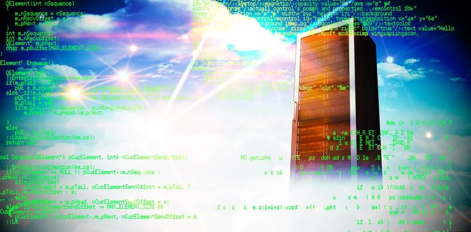 Blue programme against composite image of server tower Иллюстрация