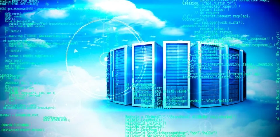 Blue programme against composite image of server towers Иллюстрация