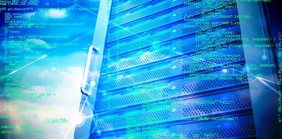 Blue programme against composite image of server tower Stock Illustration