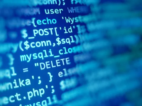 Blue programming code background. Abstract coding monitor. Technology and sof Stock Photos