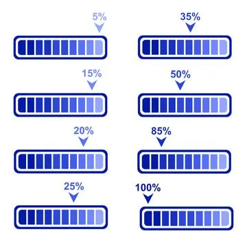 Blue Progress Bar Vector Set with Percentage Indicators for Loading and Com.. Stock Illustration