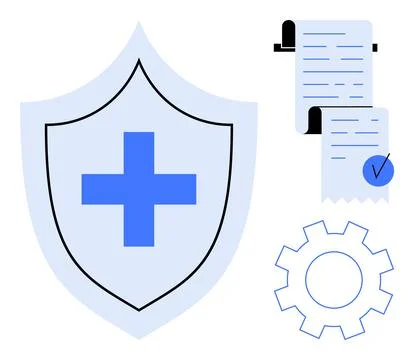 Blue Protective Shield with Documents and Gear in a Vector Format Illustrazione stock