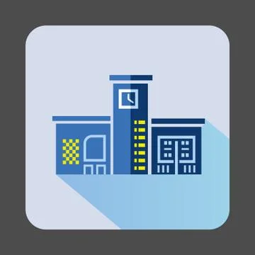 Blue public building with a clock icon Ilustración de archivo
