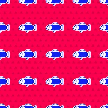 Blue Puffer fish icon isolated seamless pattern on red background. Fugu fis.. Stock Illustration
