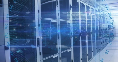 Blue pulse emerging at corridor center sending nodes latching racks, pulsing UI Stock Footage 311454358