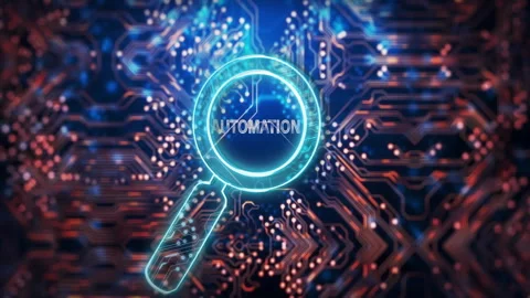 Blue pulses flowing over 3D circuit board initiating cyan magnifier scanning Stock Footage 310151105