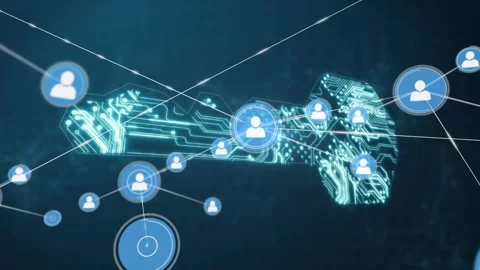 Blue pulsing token driving glowing circuit key appearing tokens moving linking Stock Footage 322119363