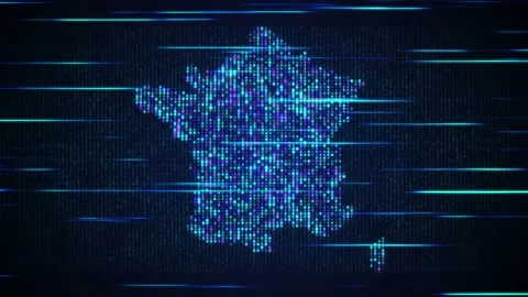 Blue Purple Binary Digital Mosaic Grid Map Of France Perspective Light Streaks Stock Footage 238889098