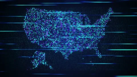 Blue Purple Binary Digital Mosaic Grid Map Of USA Perspective Light Streaks Video stock 238900356