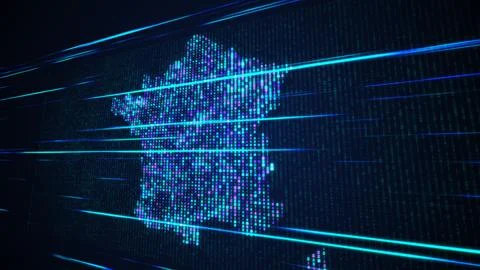 Blue Purple Binary Digital Mosaic Grid Map Of France Perspective Light Streaks Stock Illustration