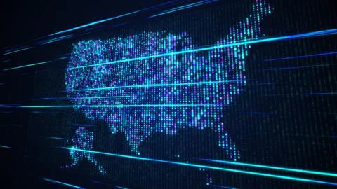Blue Purple Binary Digital Mosaic Grid Map Of USA Perspective Light Streaks Stock Illustration
