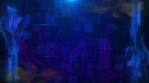 Blue purple circuit tech background glowing lines, transparent panels, digital Stock Footage 334100125