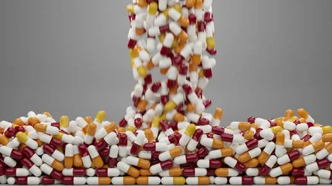 Blue purple pills fall down on a white surface and fill up the frame Stock Footage 244610546
