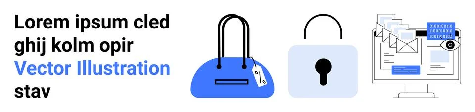 Blue purse, lock icon, computer screen with data files, and encrypted message Stock Illustration