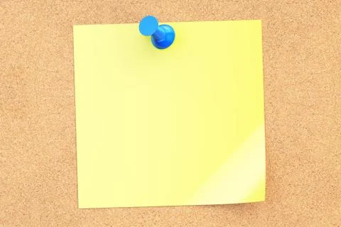 Blue push pin with blank yellow sticky note, 3D rendering Stock Illustration