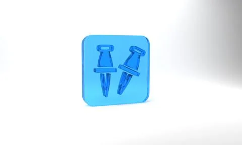 Blue Push pin icon isolated on grey background. Thumbtacks sign. Glass square Stock Illustration