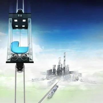 Blue pushchair in sky space elevator concept above city illustration Illustrazione stock