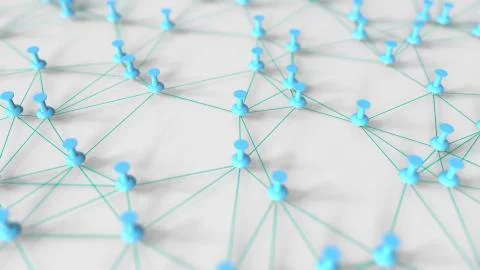 Blue pushpins and threads compose a network on a pinboard 3D rendering Stock Illustration