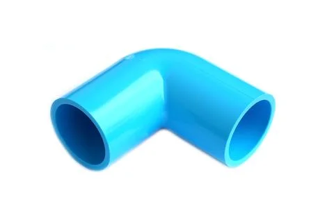Blue PVC elbow pipe fitting isolated on white background, 90 degree connector fo Фото