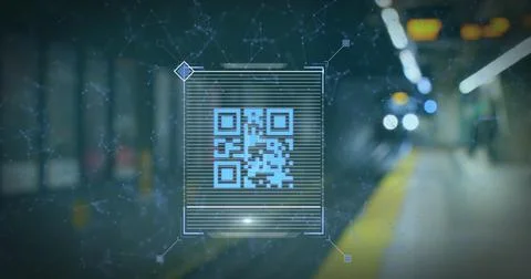 Blue QR code and web connections overlay on a train entering a station in a Stock Photos