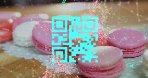 Blue QR code with a red floating web of connections over pink macaronies lying Stock Illustration