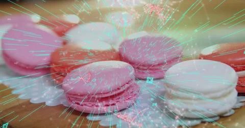 Blue QR code with a red floating web of connections over pink macaronies lying Illustrazione stock