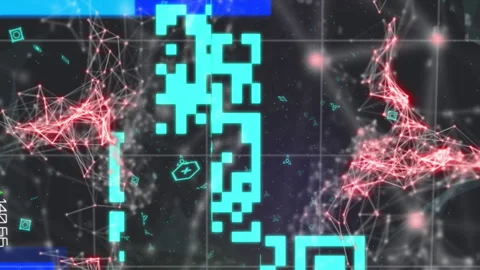 A blue qr code is superimposed over a red web of connections Stock Footage 312422664
