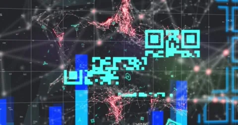 A blue qr code is superimposed over a red web of connections Stock Footage 329031151