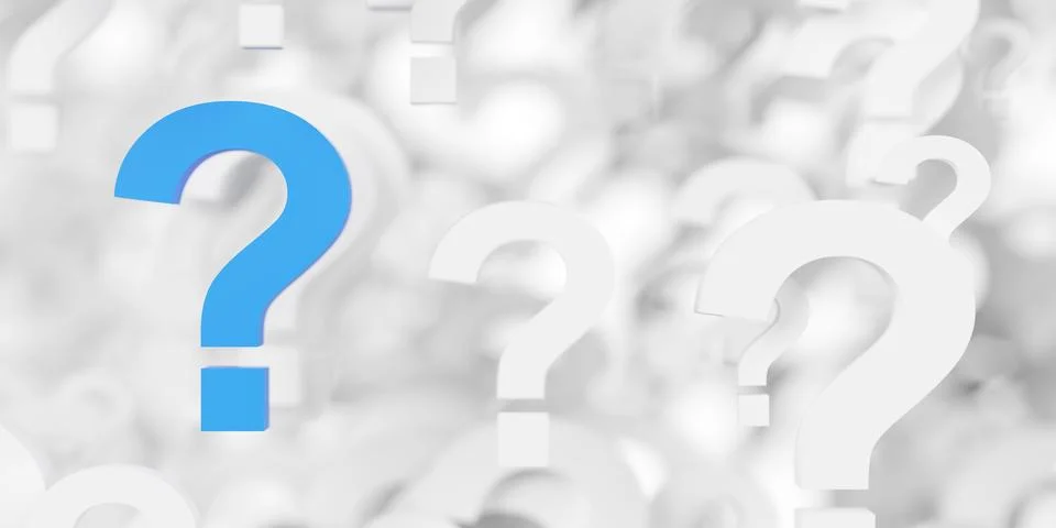 Blue question mark in large group of white question marks floating with sel.. Stock Illustration
