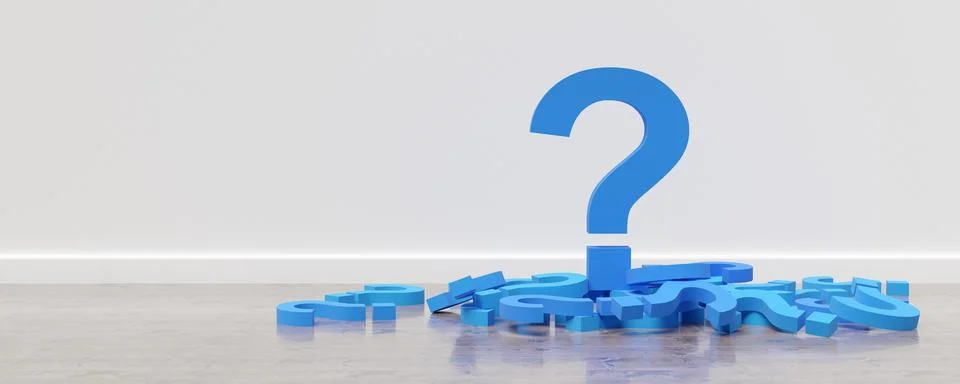 Blue question mark on top of heap of smaller question marks in room with wo.. Stock Illustration