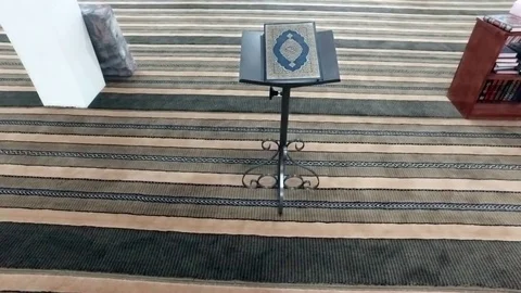 Blue Quran on the Iron Stand in the Mosque. Stock Footage 76571388