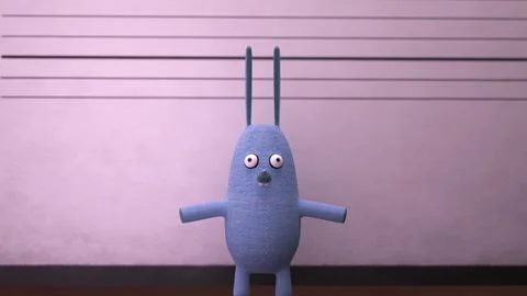 Blue rabbit character standing in front of lineup wall background.. Stock Illustration