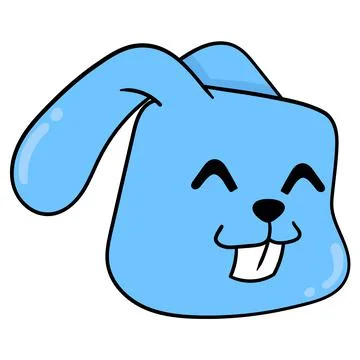 Blue rabbit head smiling happily, doodle icon drawing Stock Illustration