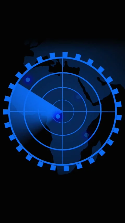 Blue radar display scanning continental outlines with dots. Blue radar scre.. Stock Footage 344843389
