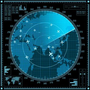 Blue radar screen with planes and world map Illustrazione stock