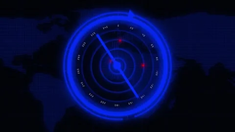 Blue Radar Screen with World Map, Targeting Cursor, and Red Signal Points d.. Vídeos de archivo 330348682