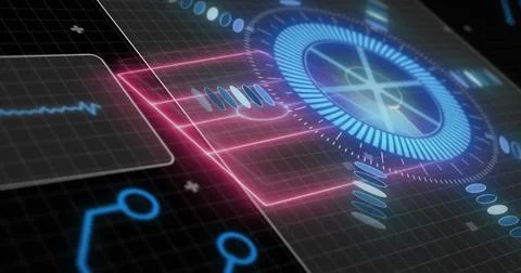 Blue radial interface element projecting rings on dark grid, with pink frame and Illustrazione stock