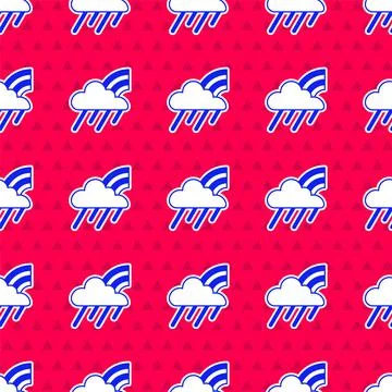 Blue Rainbow with cloud and rain icon isolated seamless pattern on red Stock Illustration