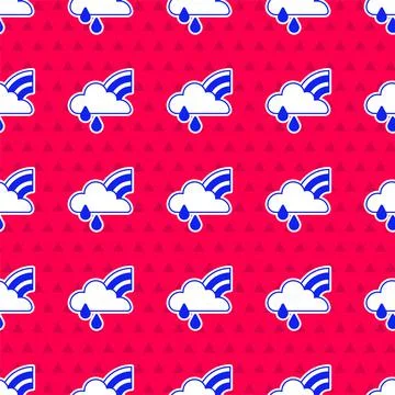 Blue Rainbow with cloud and rain icon isolated seamless pattern on red Stock Illustration