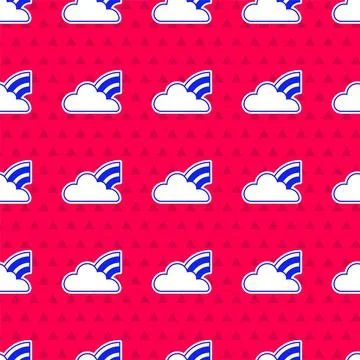 Blue Rainbow with clouds icon isolated seamless pattern on red background Stock Illustration