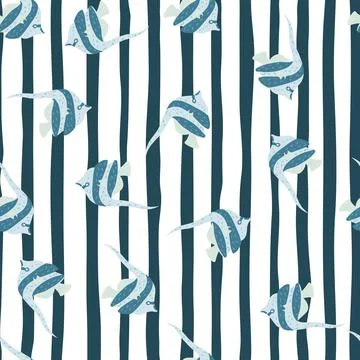 Blue random imperial angelfish seamless pattern in hand drawn stylistic. Whit Illustrazione stock
