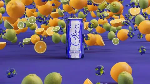 Blue Raspberry Can Model Surrounded By Fruits With Blue Background Illustrazione stock